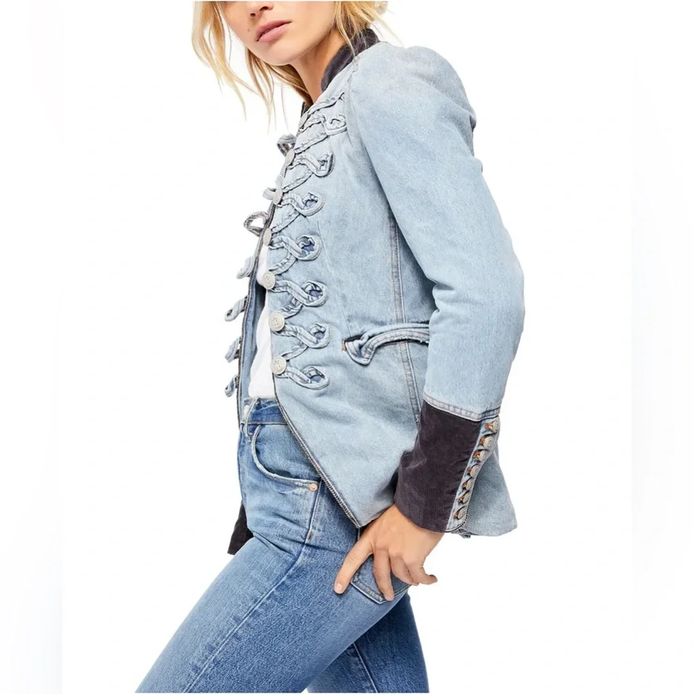 Free People Light Blue Denim Military-Style Jacket with Dark Charcoal Trim - Picture 3 of 6